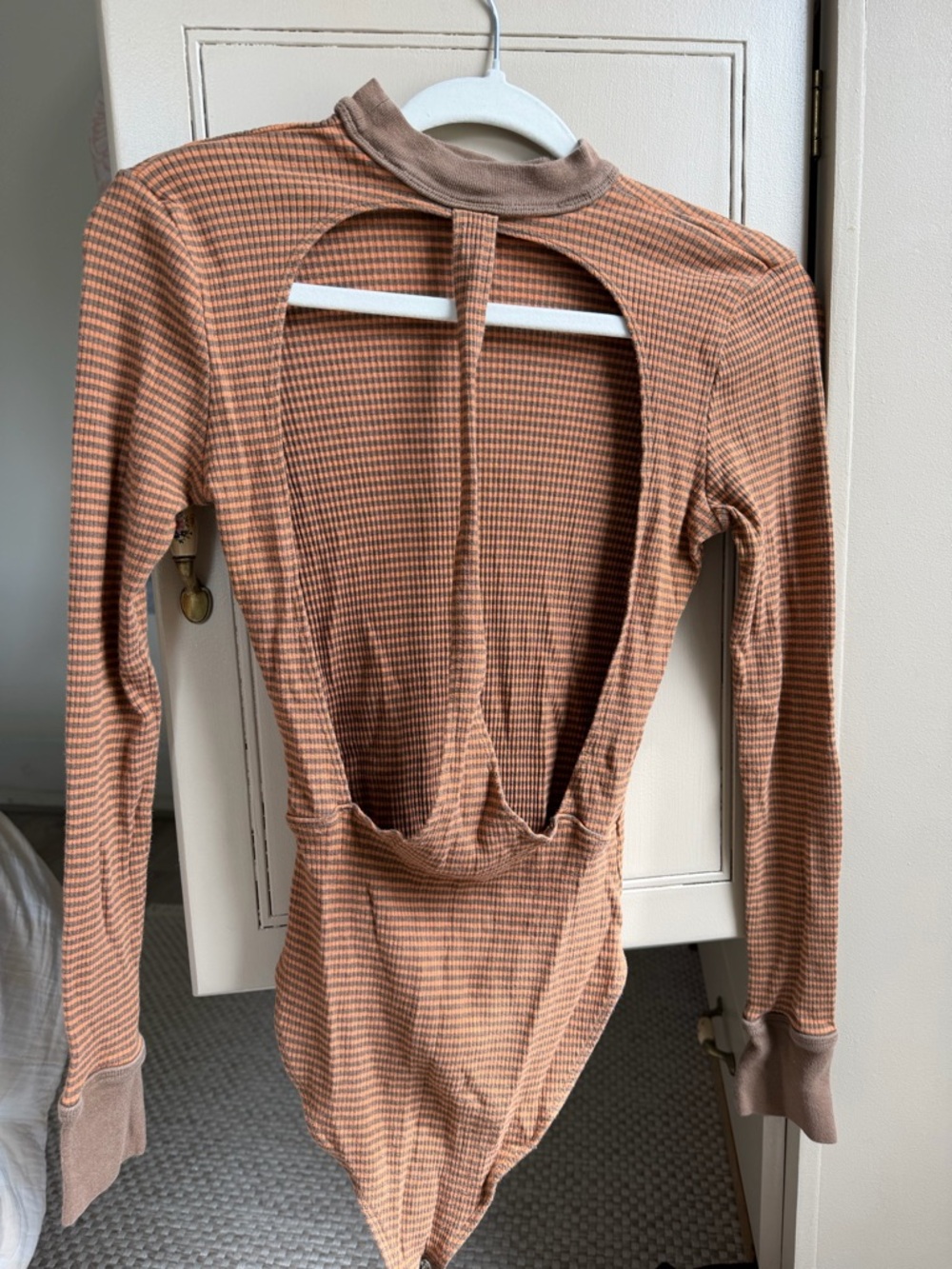 Urban Outfitters Open-Back Long Sleeve Bodysuit in Brown/Rust Check
